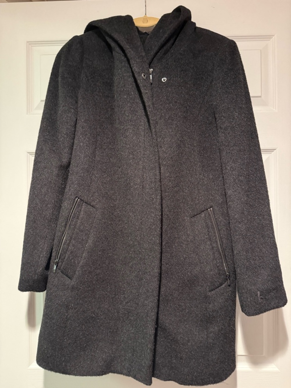 Cole Haan Dark Charcoal Hooded Wool and Alpaca Coat